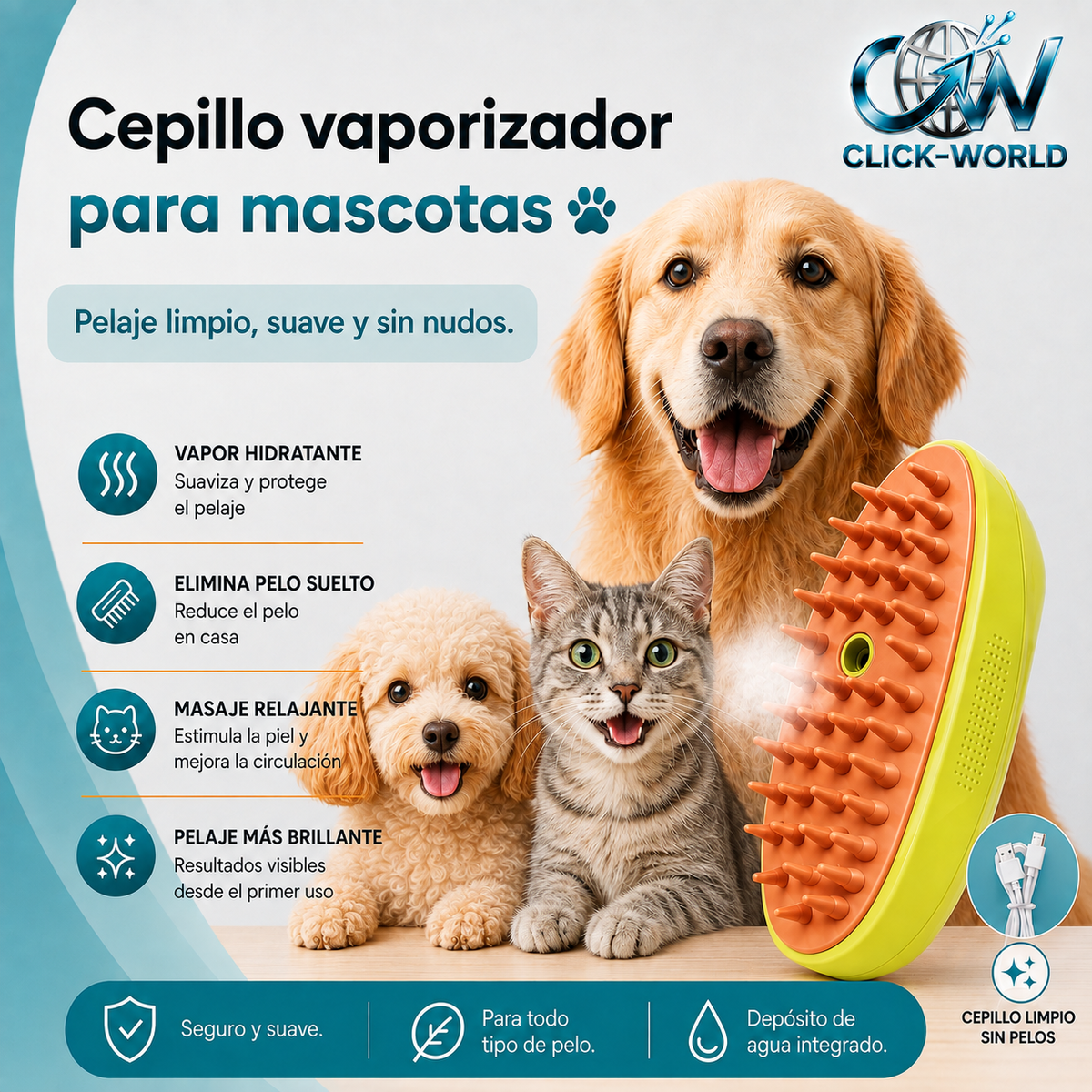 CLICK WORLD PET™ | Cepillo a vapor mascota